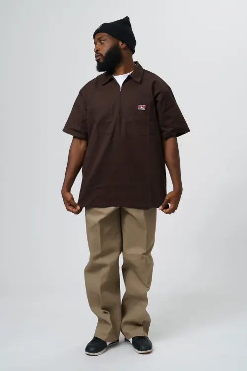 Alternative view of Chemise Ben Davis Marron ½ Zip Manches Courtes