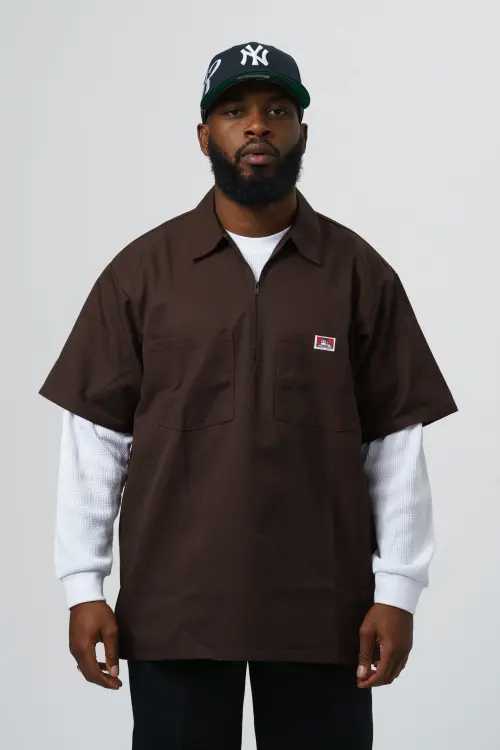 Chemise Ben Davis Marron ½ Zip Manches Courtes
