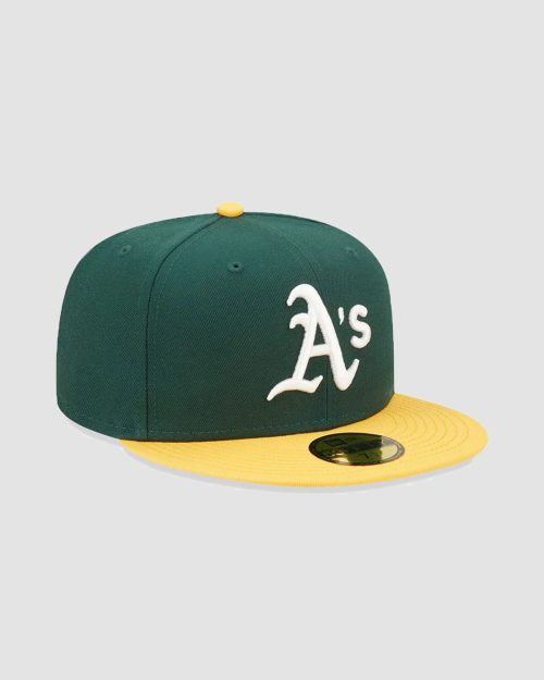 Casquette New Era 59FIFTY Oakland Athletics ajustée vert et jaune, logo A's brodé, vue de face