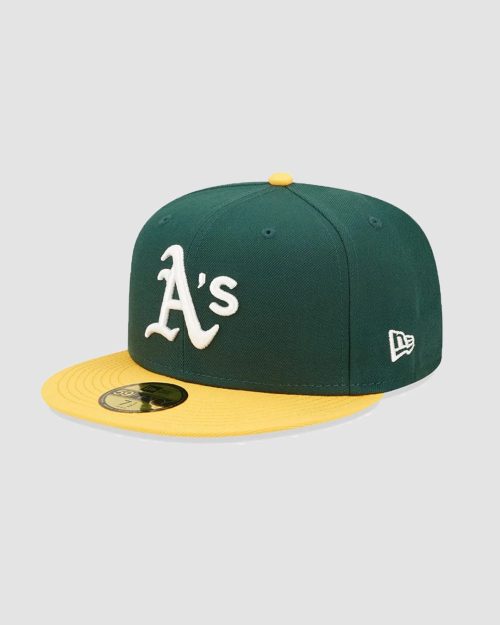 Casquette New Era 59FIFTY Oakland Athletics ajustée vert et jaune, logo A's brodé, vue de face