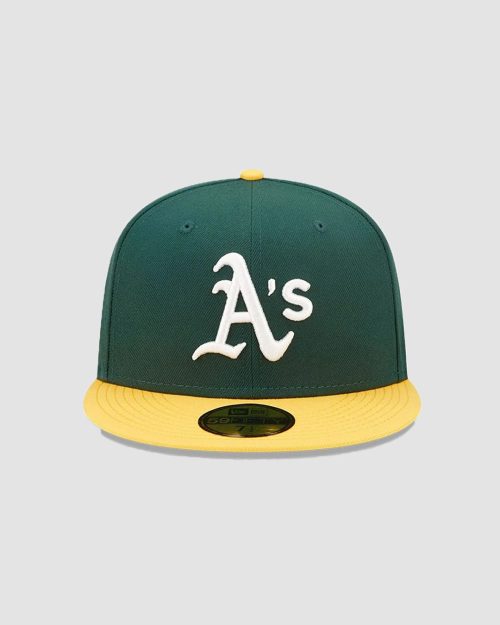 Casquette New Era 59FIFTY Oakland Athletics ajustée vert et jaune, logo A's brodé, vue de face