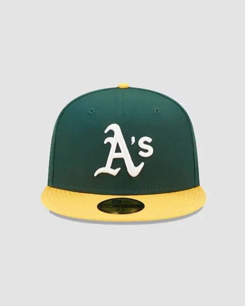 Casquette New Era 59FIFTY Oakland Athletics ajustée vert et jaune, logo A's brodé, vue de face