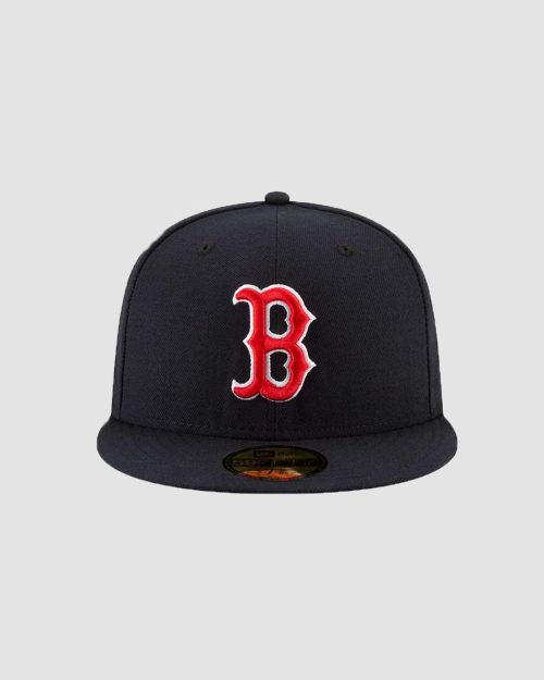 Casquette New Era 59FIFTY Boston Red Sox ajustée bleu marine, logo B rouge et blanc brodé, vue de face
